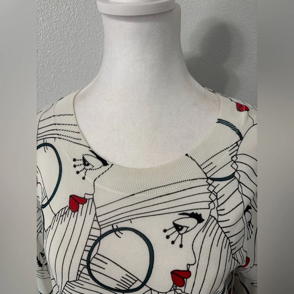 Bimba Y Lola Ruffle Sweater Faces Print Stretchy Knit Jumper Off White Color Med